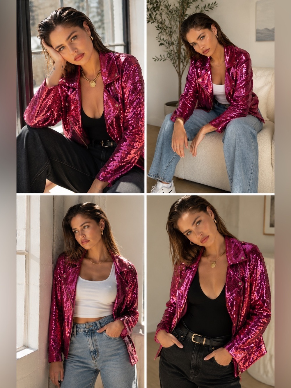 Make Way for Sequin Moto Jacket in Fuchsia - Picture 2 of 11